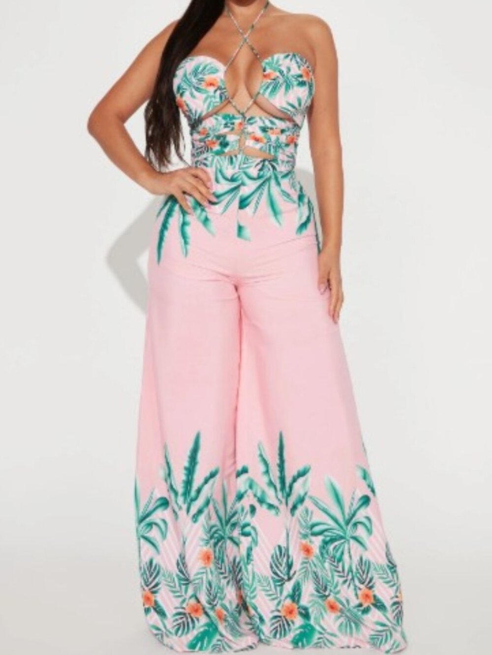 Miss Avenue Maui Nights Tropical Halter Wide-Leg Jumpsuit Romper Small